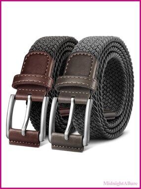 Men's Woven Braided Stretch Web Belt 2 Pack 1 3/8 Inch Gift Boxed